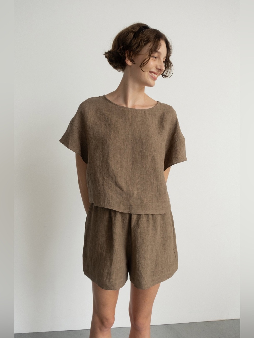 SOMETHING TO HOLD Boxy Blouse Tumbled French Linen Cardamon Brown Medium VGUC